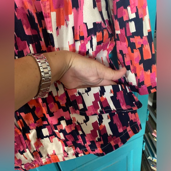 Cotton Stretch Jacket Pockets Statement Collar Zip Designer Pink Blue Print - Picture 8 of 15